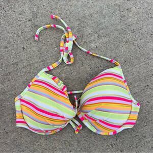 Victoria’s Secret 34DD Neon Sherbet Stripe Ruffle Pushup Halter Bikini Top Swim